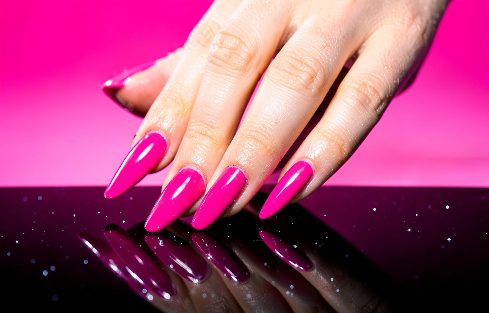 Glossy hot pink nail set with chrome reflection